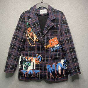 Coat Art Ma Cherie Denim Graffiti Boho Gypsie Plaid Coat Sz Small